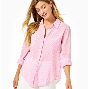 Lilly Sea View Button Down Top Pink White XS NWT